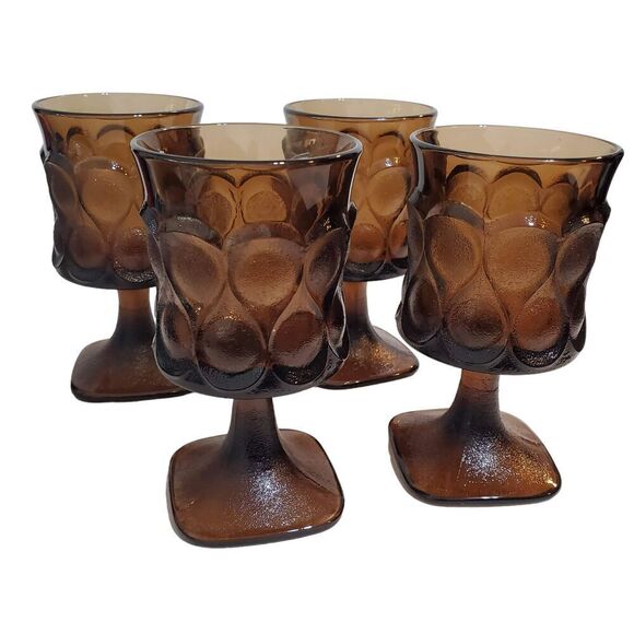 Vintage 4 Noritake Spotlight Wine Glass Goblet Brown Square Footed Thumbprint - Picture 1 of 4